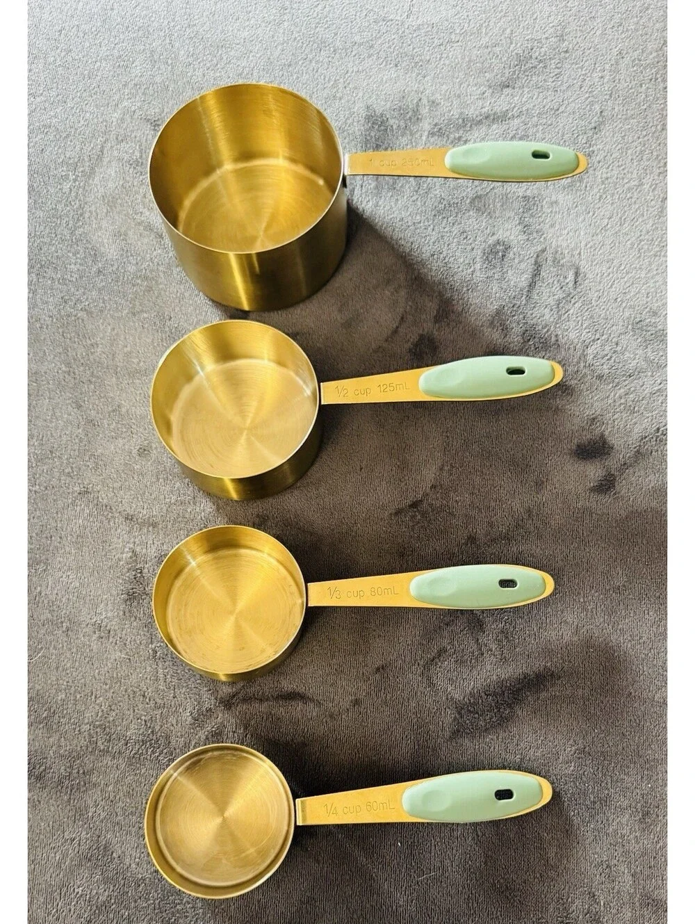 4 Piece Gold Stainless Steel Measuring Cups / Mint/Sage Green Silicone Grip